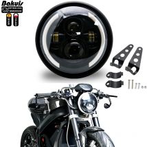 Universal 7,5 pulgadas LED Retro cubo motocicleta faro modificado haz alto/bajo DRL y carcasa de faro negro mate con soporte