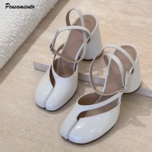 2025, neue Mode, Lackleder, Kreuzriemen, Tabi-Damen-Sandalen, Sommer-Pumps, geteilte Zehen, dicke High Heels, klobige Schuhe, Sandalen