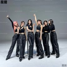 Kpop Frauen Gruppe Street Dance Schlanke T-shirts Crop Tops Leder Hosen Bühne Kostüm Femal Festival Rave Tragen Sexy Konzert Outfits