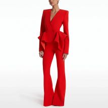 Sexy Rot V-ausschnitt Rüschen Design Blazer + Flare Hosen Set Frauen Hosen Zwei Stück Sets Single Button Jacke Set party Abend Club