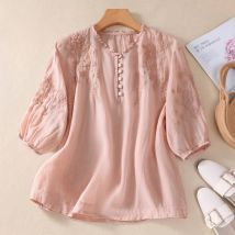 Chinesischen Stil frauen Hemd Baumwolle Leinen Vintage Stickerei Blusen Lose Kurze Frauen Tops Sommer V-ausschnitt Kleidung
