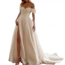 Fashion Appliqued Wedding Dress Elegant Off-the-shoulder A-Line Bridal Gown Charming Tulle Floor-Length Wedding Gown