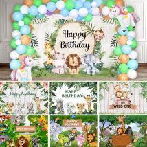 Benutzerdefinierte Animation Tropischer Dschungel Safari Tier 1. Geburtstag Party Dekoration Neugeborene Babyparty Fotohintergrund Poster