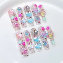 Handmade Extra Long Press on Nails Cute Bear Love Rhinestone Design Fake Nails Full Cover European Shiny False Nail Patches