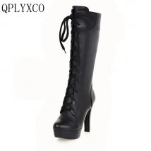 QPLYXCO Kniehohe Stiefel Frauen Neue Mode Kleine Große Größe 31-45 Herbst Winter Warme Spitze Up High Heels Lange plattform Stiefel M-20
