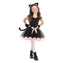 Kids Girls Cat Costume A line Tulle Skirt with Hairband Bow Appliques Tie Tail Gloves Cosplay Costume for Halloween Party