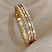 Greatera Trendy Strass Charm Oval Edelstahl Manschette Armband Armreifen für Frauen Vergoldet Wasserdicht Schmuck