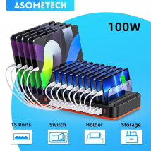 100 W Universal 15 Ports Multi USB Schnellladegerät Ladestation USB Schnellladung Telefonständer für iPhone 15 Samsung Xiaomi Tablet