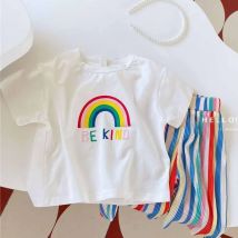 Mädchen Gestreifte Kleidung Sets Sommer Kinder Kurzarm Anzug Kinder Regenbogen Druck T-shirt Tops + Hosen 2Pcs Teen Mode dünne Outfit