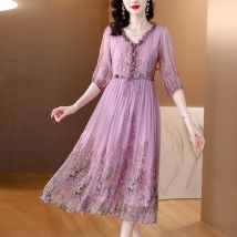 2025 sommer Floral Seide Strand Midi Sommerkleid Frauen Boho Mode Lässig Licht Kleid Frühling Koreanische Elegante Luxus Festival Vestidos