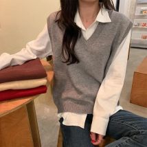 Gilet maglione grigio basic da donna gilet lavorato a maglia senza maniche coreano stile college gilet casual con scollo a V tinta unita primavera autunno