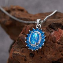 Luxus Mode Blau Oval Synthetische Edelstein Anhänger Halskette Frauen Geburtstag Jahrestag Party Schmuck Geschenk