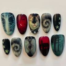 10 szt. Ciemno-czarne, ręcznie robione sztuczne paznokcie w stylu Y2k z motywami gwiazd, horroru i leśnych wzorów, naklejane paznokcie na Halloween, noszone paznokcie w kształcie migdała.