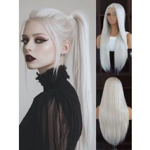 Pelucas sintéticas delanteras de encaje 13x4 gris plateado |   Pelo liso y sedoso largo de 24" |   Línea de cabello pre-arrancada |   Resistente al calor |   Diario/fiesta