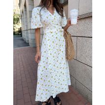 Bornladie Frauen Psrinted Lace Up Kleid Sommer Kurzarm Mode Büro Dame Langes Kleid 100% Baumwolle Täglich Casual V-ausschnitt Rock