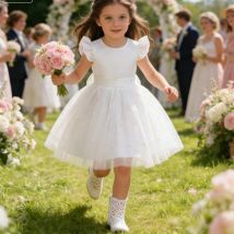 Toddler Girl White Wedding Princess Dress Cute Girl Birthday Party Prom Gown 3-8 Years Kids Backless Bow Beading Xmas Costume