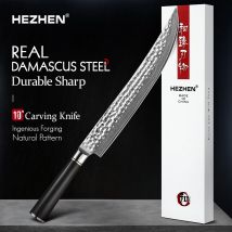 HEZHEN Cuchillo de talla de 10 pulgadas 67 capas de acero damasco 10Cr15CoMoV Acero CoreEbony Caja de regalo con mango de madera