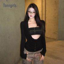 Tonngirls Y2k Punk Zweiteilige Tops Irreugal Rivet Tops + Ärmelloses Tank Streetwear Americal Retro 90er Jahre Schwarze T-Shirts E-Girls