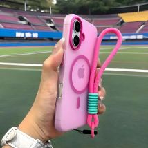 Custodia con cinturino da polso color caramello per Magsafe per iPhone 17 16 15 14 Plus 13 12 11 Pro Max 16e Custodia morbida con cordino a contrasto opaco