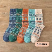 5 Paar viele neue Socken für Männer und Frauen, dicke warme Wintersocken, Retro-Stil, Blumenmuster, Paarmodelle, freie Größe