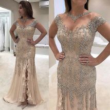 Luxury Sheer Neck Mermaid Prom Dresses Beading Sequined High Split Gowns Formal Mother of the Bride Dress Evening Wear