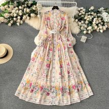 Mode Urlaub Wunderschöne Blume Chiffon Maxi Kleid frauen Stehen Rüschen Lange Laterne Hülse Blumen Druck Gürtel Boho Robe Vestido