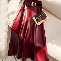 High end goddess style high-end red PU skirt for women 2024 new Leather midi skirt, mid length umbrella skirt