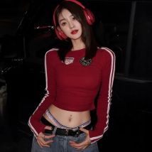 Rot Druck Langarm T Shirt Frauen Koreanische Mode Streetwear O Neck Pullover Damen Dünne Lange Hülse Streifen Tees Frühling