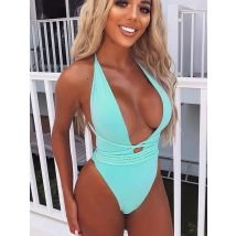 Sexy tiefer V-Ausschnitt, umwickelbar, weibliche Badebekleidung, einteiliger Badeanzug, rückenfrei, Monokini, hoher Beinausschnitt, Badeanzug, Schwimmen, Strandmode