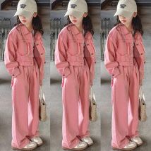 2025 frühling Herbst Neue Mädchen Kleidung Set Teen Mädchen Einfarbig Denim Jacke + Breite Bein Hosen 2 Stücke für 4-12Y Kinder Mode Outfit