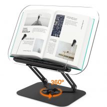 Acrylic Book Stand for Reading, Adjustable Book Holder with 360° Rotating Base & Elastic Page Clips Foldable Desktop Riser Stand