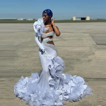 Eine Schulter Puffy Rüschen Ballkleider Glitzer Pailletten Satin Mesh Abendkleider Einzigartige Taft Afrika Frauen Formelles Partykleid