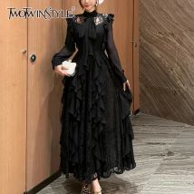 TWOTWINSTYLE Patchwork Rüschen Elegante Kleider Für Frauen Stehen Kragen Langarm Hohe Taille Gespleißt Spitze EINE Linie Kleid Weibliche