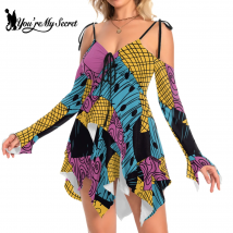 [Du bist mein Geheimnis] Y2K Sexy schulterfreies Kleid für Frauen Sally Cosplay Kostüm Halloween Party Lange Ärmel Asymmetrische Kleider