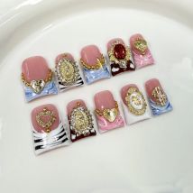 10pcs/set Duckbill Shaped French Handmade Press on Nails Fake Nails with 3D Golden DecorationFalse Nails 네일팁 Накладные Ногти