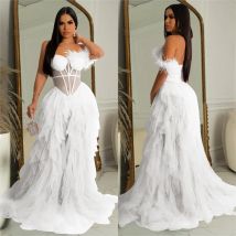 Women White Dress Floor Length Dresses Mesh Party High Waist Feather Bodycon Splice Off Shoulder Elegant Gown Sexy Vestidos