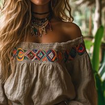Bohemian Casual Off-Schulter Vintage Gedruckt Frauen Bluse Spitze Patchwork Lange Hülse Lose Ethnische Urlaub Herbst Weibliche Blusa