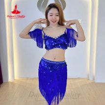 Belly Dance Costume Set Customized Sequin Top+Tassel Skirt 2pcs Women's Oriental Belly Dancing Professional Practice Clothes