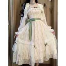 2023 neue Lolita Süße Chiffon Langarm Sonnenschutz Strickjacke + Y2k Sexy Schlanke Taille Bogen Kleid für Frauen Sommer zwei Stück Sets