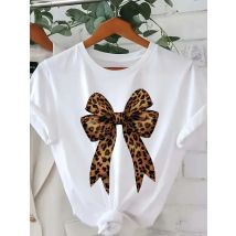 Damen-T-Shirt mit Leoparden-Bowknot-Aufdruck, Rundhalsausschnitt, lässig, kurzärmelig, mit Buchstaben-Aufdruck, Frühling, Sommer, Top, T-Shirt