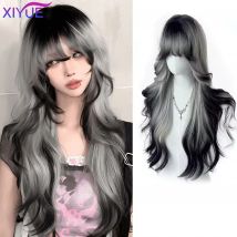 synthetic Long Body Wave Black And Gray Gradient Cosplay Wigs Heat Resistant Synthetic Wigs Bangs Natural Lolita Wigs For Women