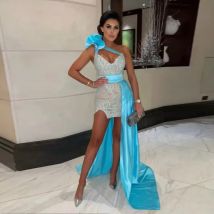 Mini Short Satin Cocktail Dress Sheath Cocktail Gown Sleeveless Party Gown Lace Prom Dress With Train