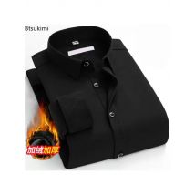 New Autumn Winter Mens Business Shirt Velvet Thickening Warm Casual Long Sleeved White Blue Black Smart Male Social Dress Shirt