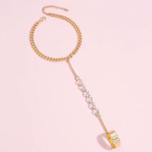 Shiny Rhinestone Pearl Chain Linked Finger Ring Bracelets for Women Punk Cuban Chain Bracelet Link Hand Harness Jewelry