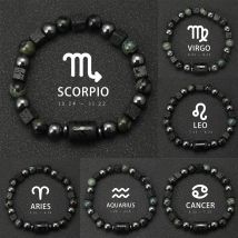 12 Zodiac Signs Natural Stone Bracelets Taurus Cancer Virgo Pisces Bracelets Ladies Men Couples Friendship Jewelry Gift Bracelet