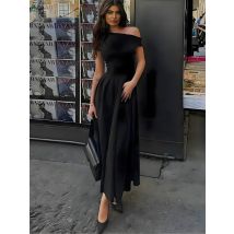 Schwarzes schulter freies Herbst langes Kleid für Frauen Patchwork mit hoher Taille schlankes sexy One-Shoulder-Party kleid weibliches Maxi kleid