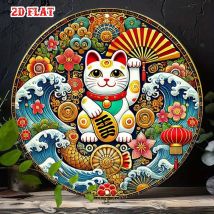 Japanese Style Lucky Cat Metal Sign - Colorful Round Aluminum Wall Decor for Home Garage Restaurant Cafe 7.87x7.87 Inch