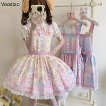 Süßes Lolita JSK Kleid Damen Kawaii Schleife Cartoon Bär Print Ärmellose Trägerkleider Mädchen Süßes Y2k Spitze Rüschen Party Minikleid