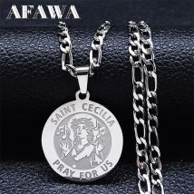 Heilige Cecilia beten für uns Halskette für Frauen Silber Farbe Edelstahl Medaille religiöse Anhänger Halsketten Bijoux