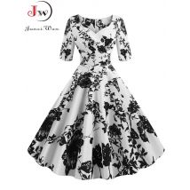 Halbe Hülse Schwarz Sommer Frauen Kleid Blumen Druck Vintage Party Kleider Robe Casual Retro A-Line Vestidos